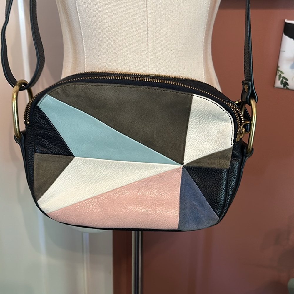 Fossil Elle light patchwork navy blue multicolored zipper crossbody purse - Picture 14 of 15